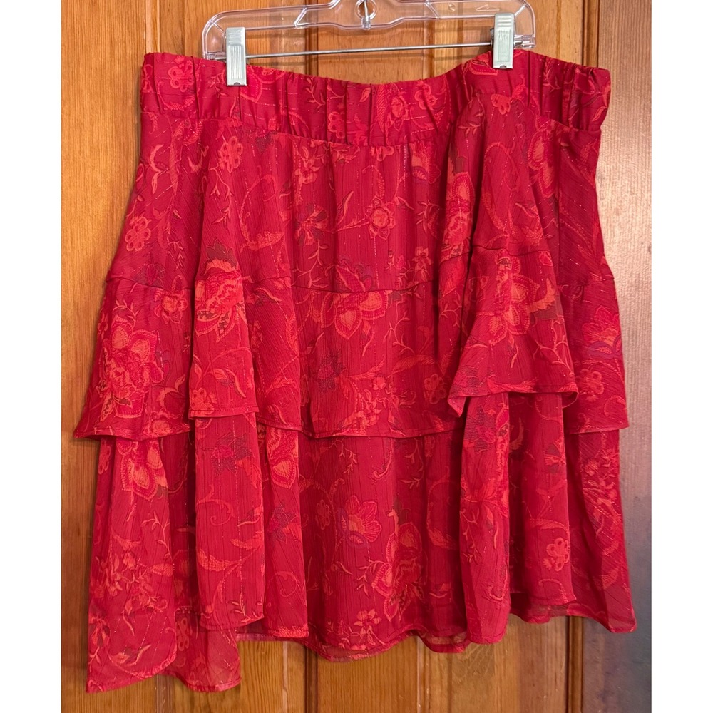 Torrid Red Floral Chiffon Tiered Ruffle Mini Skirt Metallic Gold Stripe Plus 1